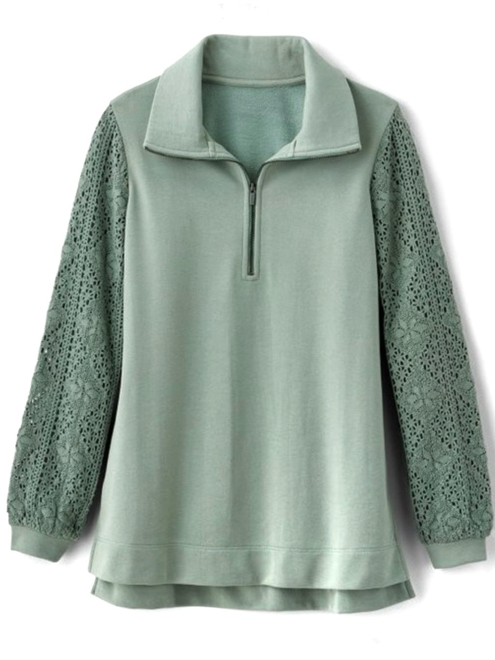 Soft Surroundings Crochet Sleeve French Terry Tunic Sweater Style Number: 2GD07